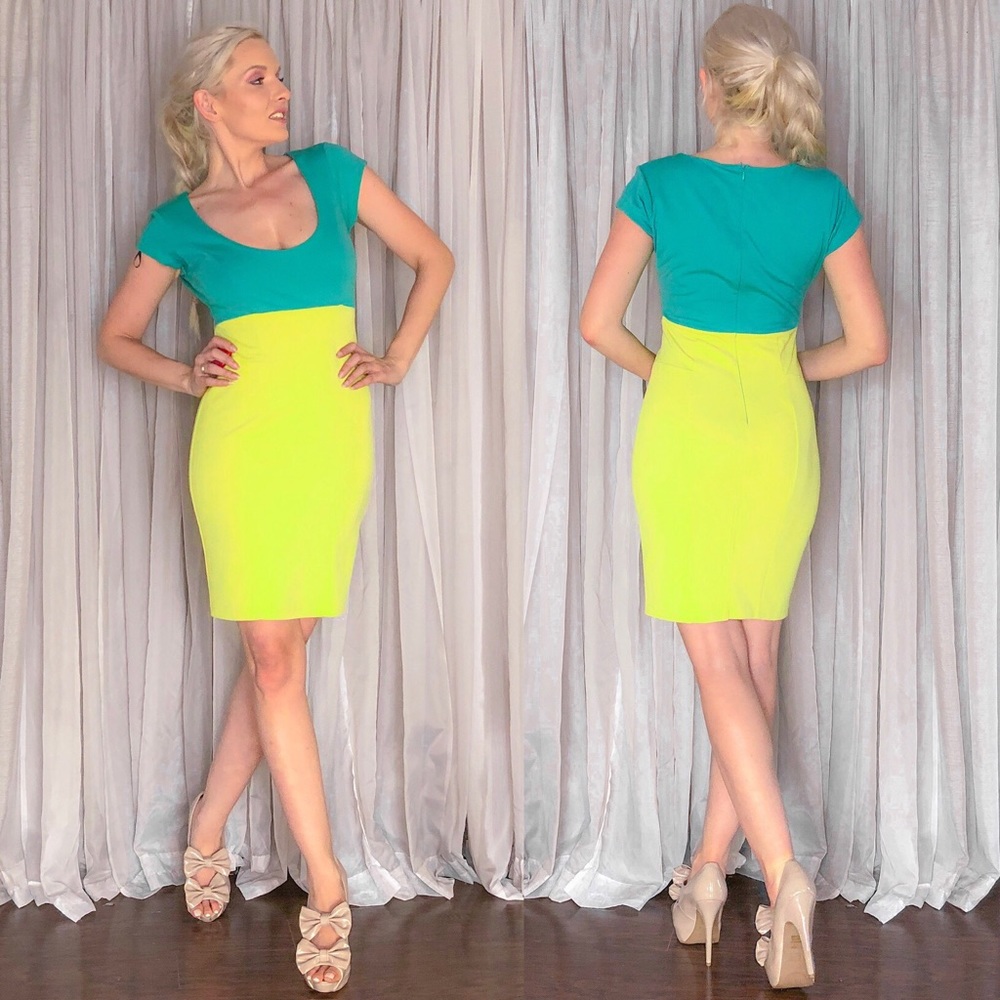 Kardashian Kollection Teal Neon Yellow Mini Dress